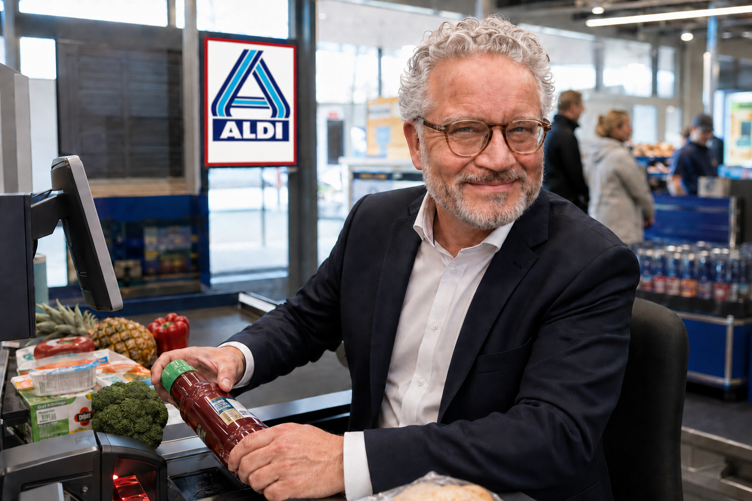 Christian Seifert sitzt am 10. September an der Kasse des neueröffneten Aldi Reick. Spenden gehen an das BBZ Walter - Bild ist KI generiert.